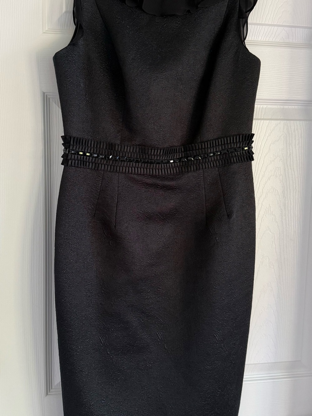 Carmen Marc Valvo Black Sleeveless Midi Dress with Pleated Waist Detail